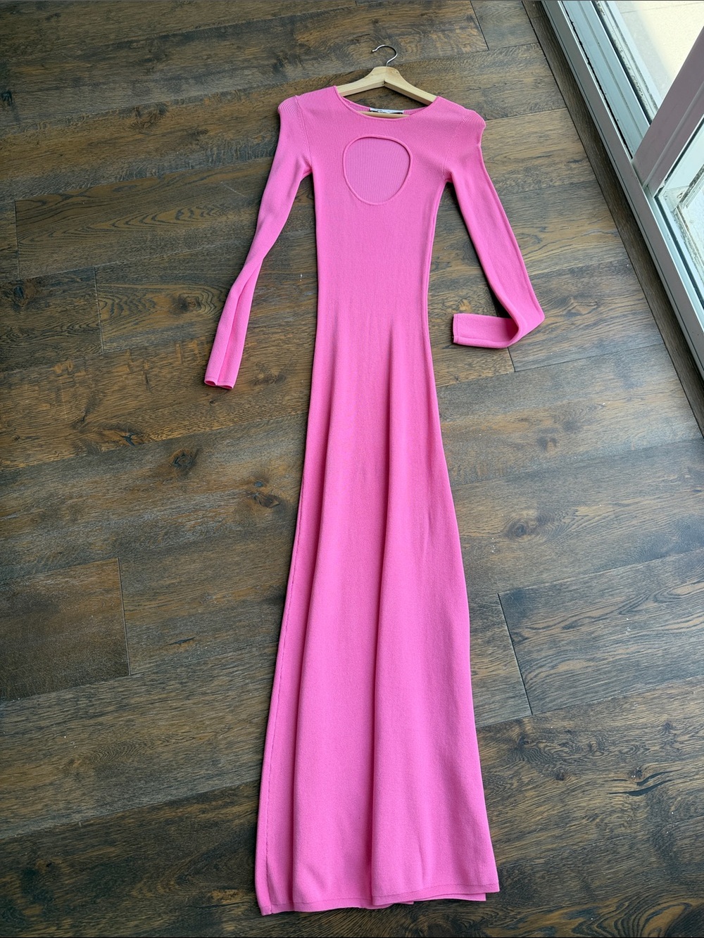 Zara Pink Long-Sleeve Maxi Dress with Chest Cutout